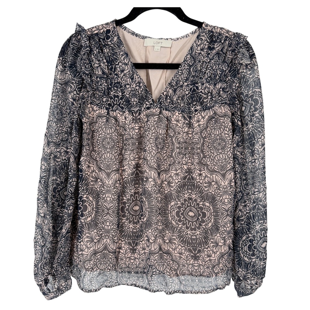 LOFT Womens Blouse‎ Long Sleeve Floral Print Pink Navy V Neck Top Size Medium